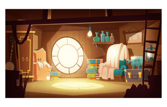 Download House Attic with Old Furniture, Dust Flying in the Air, Cartoon Vector Background - Car Collection