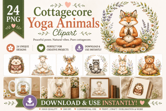 Download Cottagecore Yoga Animals Clipart - Yoga Collection